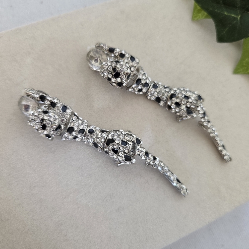 Silver Articulated Leopard Glam Earrings Clip On
